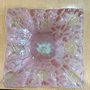 Distinguished Art Glass Handcrafted Art Glass Dish – Pink & Gold Square Bowl